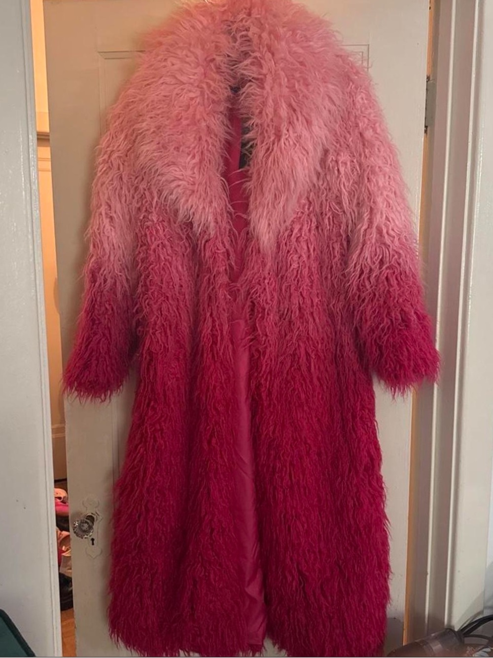Ombre Pink Fuzzy Long Faux Fur Coat